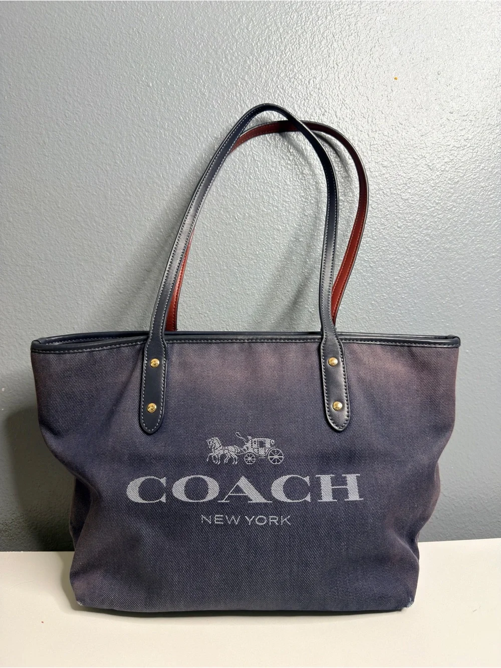 Coach Navy Canvas Tote with Brown-Trim Handles Flawed